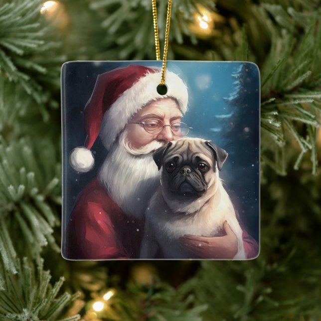 Ornamento De Cerâmica Pug Com Papai Noel Natal Festivo (Árvore)