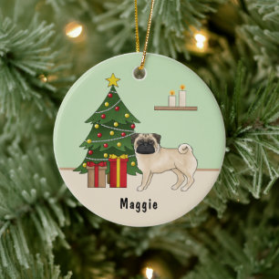 Ornamento De Cerâmica Pug Corça Fofa Desenho Animado Com Uma Árvore De N