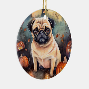 Ornamento De Cerâmica Pug De Halloween Com Pumpkins Assustado