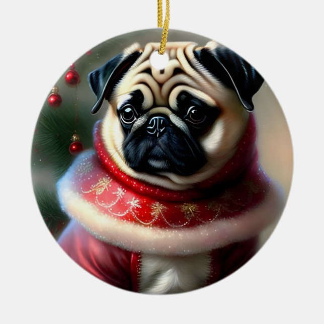 Ornamento De Cerâmica Pug de Natal (Frente)