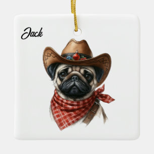 Ornamento De Cerâmica Pug de Natal Personalizado com Cowboy Santa Hat