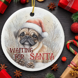 Ornamento De Cerâmica Pug Dog Natal Esperando Por Papais noeis Cão Aquar