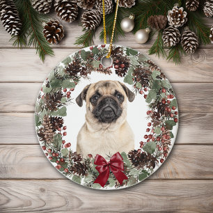 Ornamento De Cerâmica Pug Dog Red Arco Pinecone Wreath Personalizado
