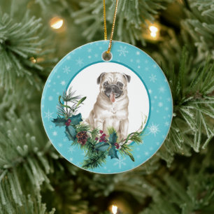 Ornamento De Cerâmica Pug Dog Snowflake Buquê Feriado Azul Quadro