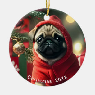 Ornamento De Cerâmica Pug Natal Date ou Add Pet Photo