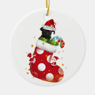 Ornamento De Cerâmica Pug Preto com Natal De Meia-Chapéu