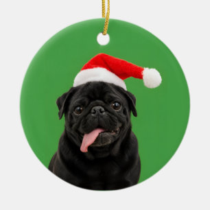 Ornamento De Cerâmica Pug Preto Engraçado Chapéu de Papai Noel Língua Pa