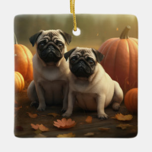 Ornamento De Cerâmica Pug Puppy Autumn Delight Pumpkin