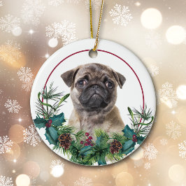 Ornamento De Cerâmica Pug Puppy Dog Evergreen Berry Wreath