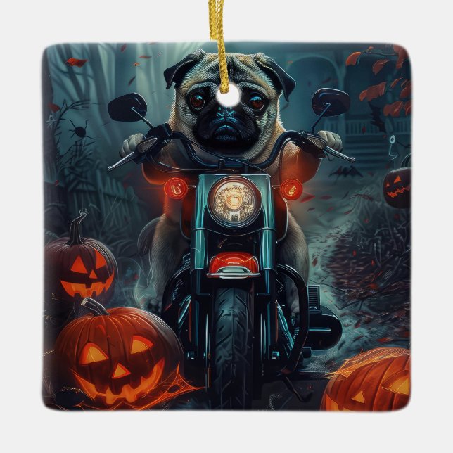 Ornamento De Cerâmica Pug Riding Motorcycle Halloween Scary (Frente)