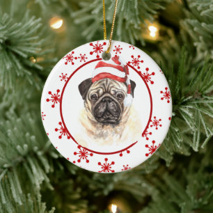 Ornamento De Cerâmica Pug Santa Hat Red Snowflake Natal
