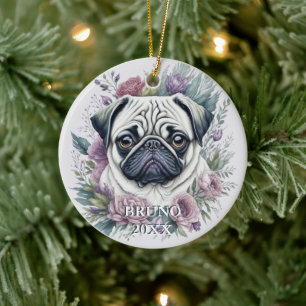 Ornamento De Cerâmica Pug Watercolor Personalizado Natal Floral