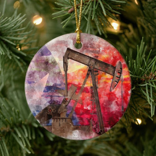 Ornamento De Cerâmica Pumpjack ícone Texan aquarela com Sinalizador Texa
