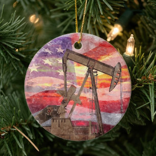 Ornamento De Cerâmica Pumpjack silhueta pastel desenho americano Bandeir