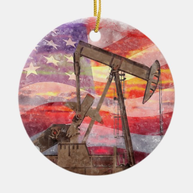 Ornamento De Cerâmica Pumpjack silhueta pastel desenho americano Bandeir (Frente)