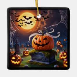 Ornamento De Cerâmica Pumpkin de Halloween num Headstone