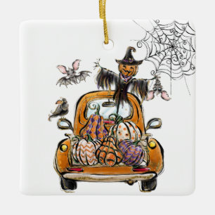 Ornamento De Cerâmica Pumpkin Patch Truck com pássaro espantalho de morc