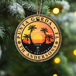 Ornamento De Cerâmica Punta Gorda Beach Flórida Palm Trees Vintage 80s<br><div class="desc">Punta Gorda Beach, Flórida, 60, Souvenirs. Punta Gorda Beach Florida - Retro Tropical Palm Tree 60s Souvenirs Vintage design faz um excelente de Natal ou presente de aniversário para fãs da praia de Punta Gorda. A design de vibração do verão é um presente perfeito para amantes de viagem e fãs...</div>