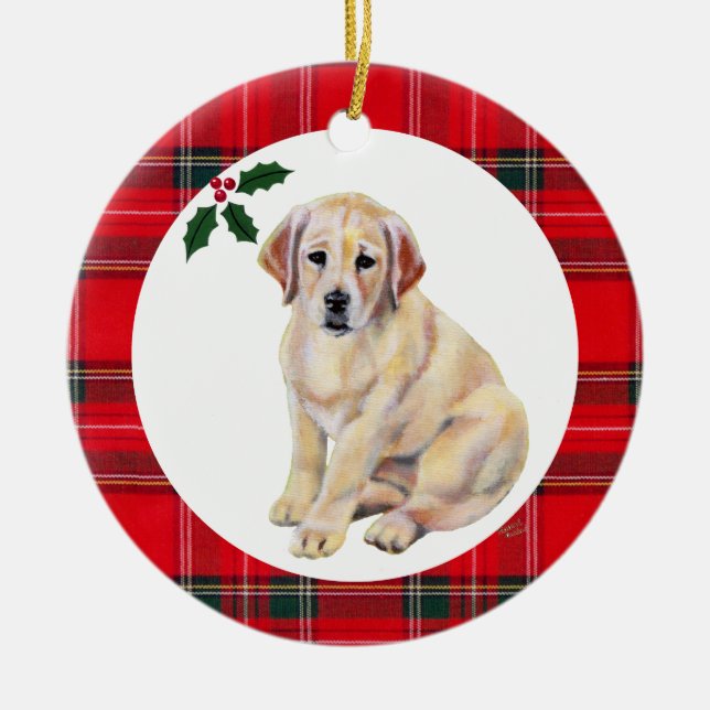 Ornamento De Cerâmica Pupido de laboratório amarelo de Natal personaliza (Frente)