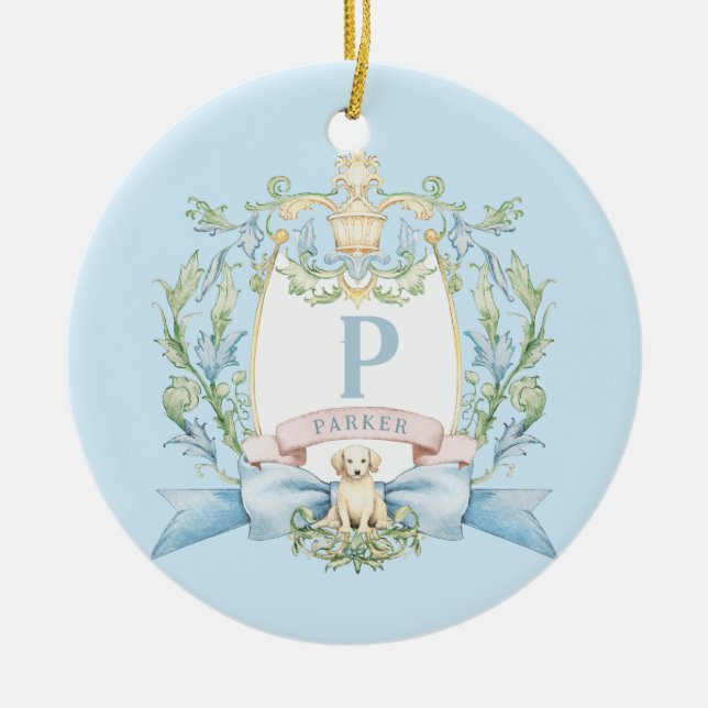 Ornamento De Cerâmica Puppy Blue Ribbon Crest | Baby Boy (Frente)