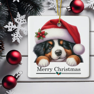 Ornamento De Cerâmica Puppy de Montanha Bernesa com Chapéu de Papai Noel