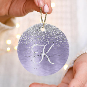 Ornamento De Cerâmica Purple Brushed Metal Silver Glitter Monogram Name