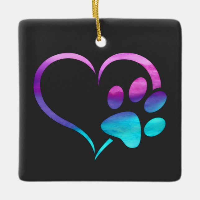Ornamento De Cerâmica Purple Cyan Dog paw Print Heart  (Frente)