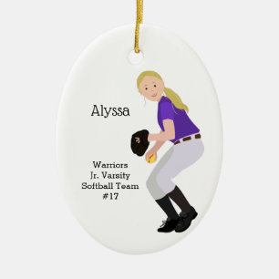 Ornamento De Cerâmica Púrpura e branca de Softball feminino