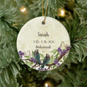 Ornamento De Cerâmica Púrpura Floral Vintage Lovebird Mãe da Noiva