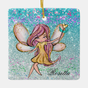 Ornamento De Cerâmica Purpurina Fada Brilho Glitter Azul Dourado Feminin