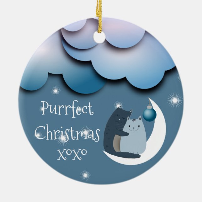 Ornamento De Cerâmica Purrfect Christmas Cats on the Moon Custom (Traseira)