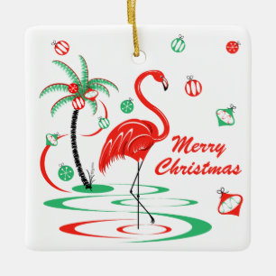 Ornamento De Cerâmica Quadrado vermelho do Natal dos Baubles do flamingo