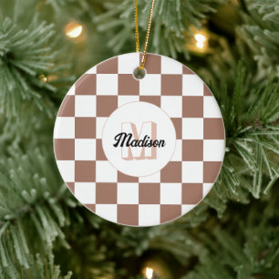 Ornamento De Cerâmica Quadrados xadrez marrom mocha branco Monograma ret