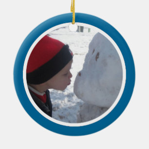 Ornamento De Cerâmica Quadro azul e branco da foto - frente e verso