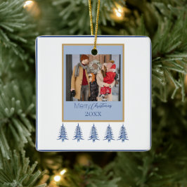 Ornamento De Cerâmica Quadro de 1 Foto em Pagodas Árvores de Natal Azul