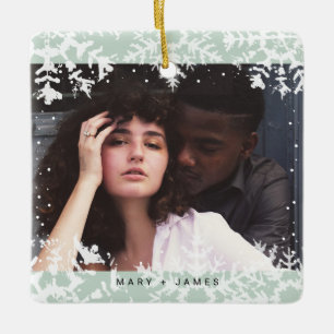 Ornamento De Cerâmica Quadro de Flocos de Neve Mínimos Foto de Feliz e