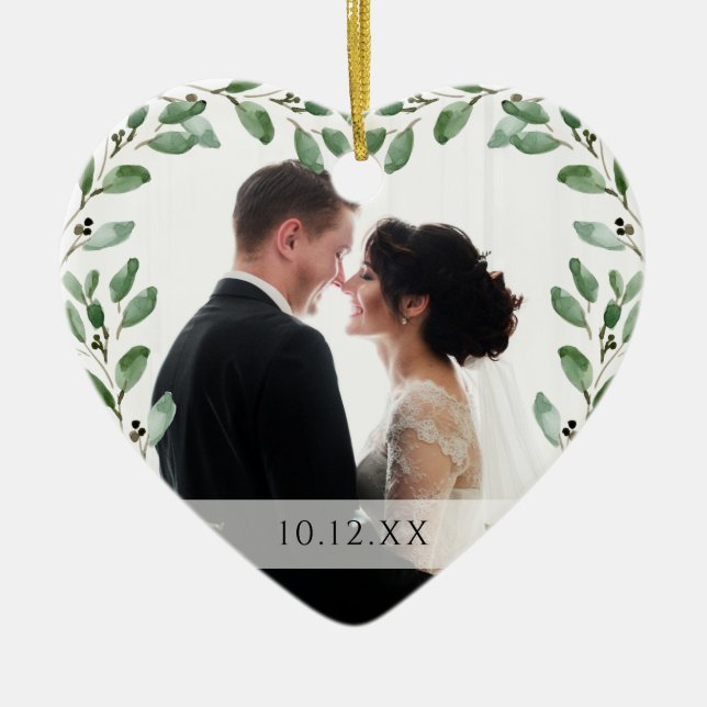 Ornamento De Cerâmica Quadro de Folhagem | Data especial e duas fotos (Frente)