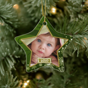 Ornamento De Cerâmica Quadro de Foto Verde e Dourado para o 1º Natal do