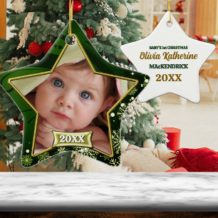 Ornamento De Cerâmica Quadro de Foto Verde e Dourado para o 1º Natal do 