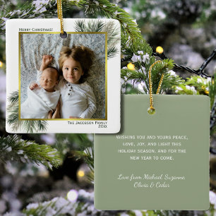 Ornamento De Cerâmica Quadro de Fotos Douradas de Pine de Água de Natal
