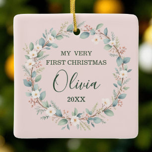 Ornamento De Cerâmica Quadro Floral Suave de Natal do Bebê