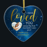 Ornamento De Cerâmica Qualquer Modelo de Foto do Coração de Amor de Aniv<br><div class="desc">Uma fabulosa colagem de fotos personalizada Anniverary. Este design de tema do espaço azul é uma maneira maravilhosa de enviar uma mensagem de aniversário de casamento. Preencha o coração com uma foto favorita. Um design na moda azul-e dourado personalizado que eles certamente amam.</div>