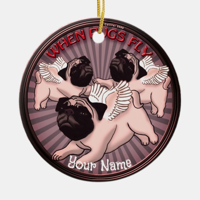 Ornamento De Cerâmica Quando Pugs Voam (Frente)
