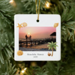 Ornamento De Cerâmica Quantos Desejos Mais Quentes Foto de Praia Natal M<br><div class="desc">Enfeites de natal moderno com um design simples e divertido com estrelas-do-mar,  palmeiras,  coco e conchas,  destacando sua foto favorita de praia junto com texto opcional na frente e saudando "Desejos Mais Quentes" e seu nome no verso.</div>