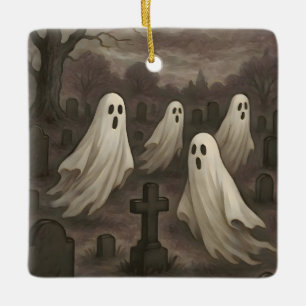 Ornamento De Cerâmica Quatro Fantasmas Sob a Lua Cheia no Cemitério