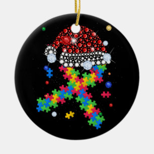 Ornamento De Cerâmica Quebra-cabeça Piece Ribbon Santa Hat Natal Autismo