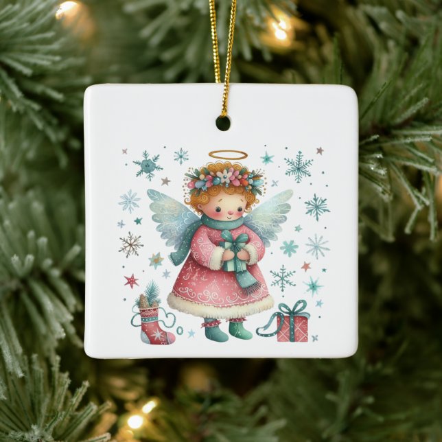 Ornamento De Cerâmica Queijo branco, rosa e anjo de Natal azul (Árvore)