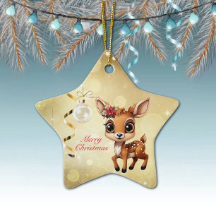 Ornamento De Cerâmica Querida Veado, Fawn, Doce 🦌 🎄 Dourado Feliz Nata