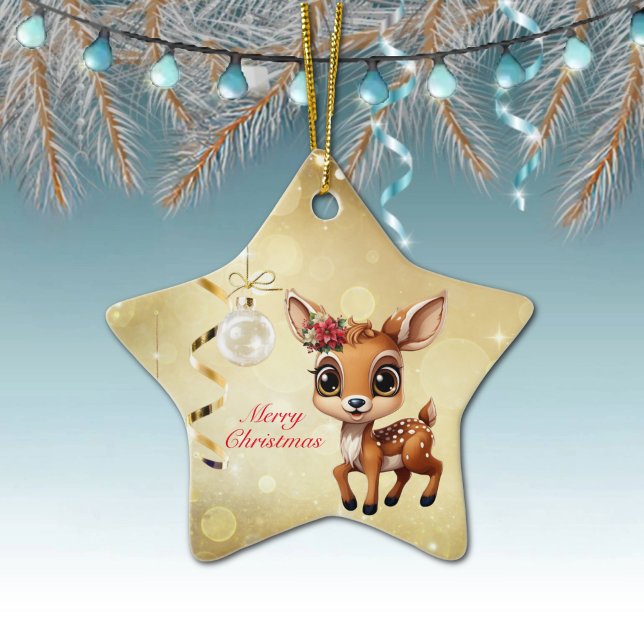 Ornamento De Cerâmica Querida Veado, Fawn, Doce 🦌 🎄 Dourado Feliz Nata (Wildlife Deer Decor Xmas Fawn, Fun Holiday Doe Cute Animal Merry Christmas 
Gold Star Ornament 🦌🎄)