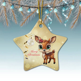 Ornamento De Cerâmica Querida Veado, Fawn, Doce 🦌 🎄 Dourado Feliz Nata